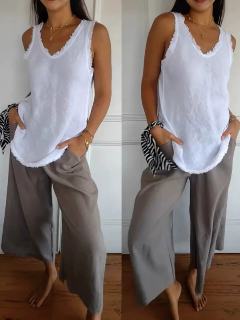 ZARA Casual Solid Loose Cotton Linen Fringe Patchwork Sleeveless Tee